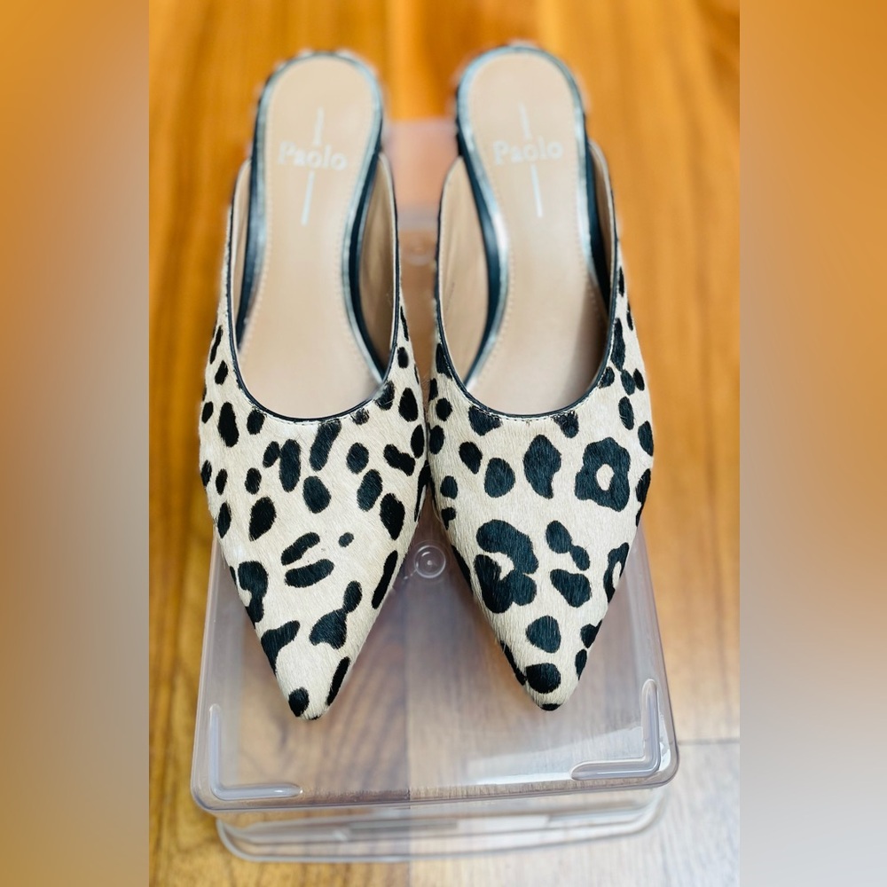 Paolo Black and Tan Mules with Leopard Print - Picture 2 of 5